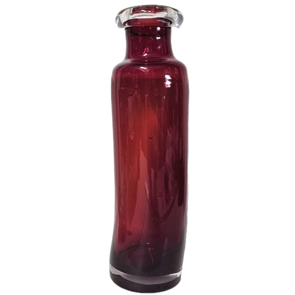 Large Collectible Minimal Simple Modern Red Hand Blown Glass Bottle Vase Decor - Picture 2 of 11